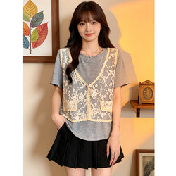 Gentle Style Lace Vest with Faux Two-Piece T-Shirt for Slightly Plump Women, New Summer Style, Loose, Breathable, Versatile, Slimming Top