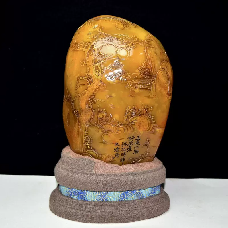 寿山石田黄石摆件原石原色雕刻血丝纹萝卜丝纹篆刻家【石卿】作