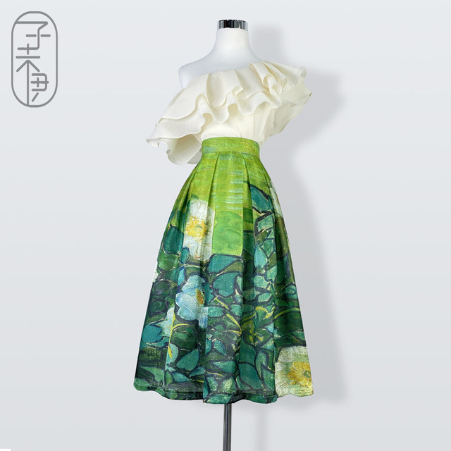 Zi Weiyi original printed A -line green umbrella skirt spring and autumn color summer women's puffy skirt retro high waist skirt

