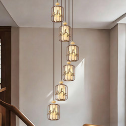 Sung Dynasty Aesthetic Staircase Chandelier with Bird Design, Zen-Style Villa, Duplex High-Ceilinged High-Rise Rotating Living Room Large Chandelier with Long Rotating Cord