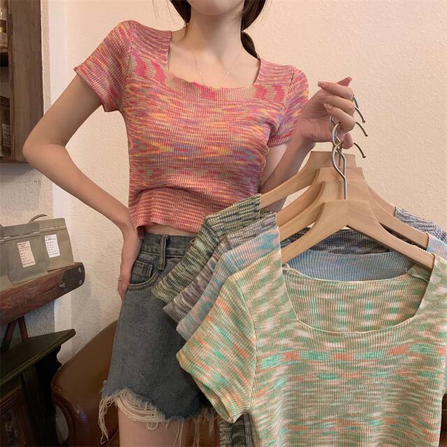Women's 2025 summer new T-shirt Korean style fashion rainbow color soft glutinous square collar short-sleeved top inner wear ins