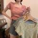 Women's 2025 summer new T-shirt Korean style fashion rainbow color soft glutinous square collar short-sleeved top inner wear ins