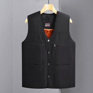 
Middle-aged and elderly men's vests with velvet and thickened multi-pocket vests and vests for dads warm cotton vests