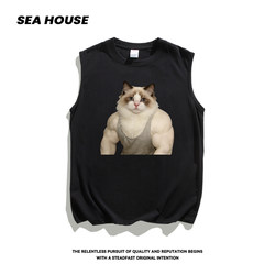 【Muscle Ragdoll Cat】Sports and Fitness Pure Cotton Vest Loose Sleeveless T-Shirt