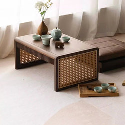 Retro-Style Bay Window Tea Side Table, Tatami Study Square Table, Zen-Style Japanese Balcony Rattan Tea-Drinking Low Table