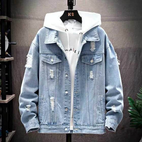 
Spring and Autumn new fashion casual Korean style ripped men's denim jacket men's washed solid color denim jacket