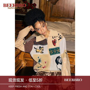 
BeerBro American design soft and glutinous color-blocked jacquard puppy sweater for women in autumn winter lapel knitted jacket