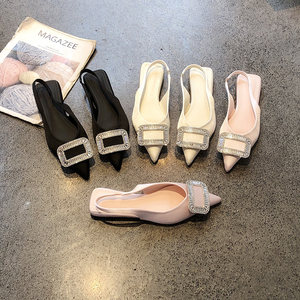 
Satin Pointed Toe Rhinestone Square Buckle Socialite Fashion Women's Shoes 2026 Spring New Shallow Mouth Flat Toe Sandals