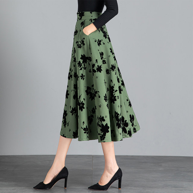 Women's Spring and Autumn 2025 new high-waisted A-line skirt to make you look slim mid-length printed pleated skirt large hem umbrella skirt