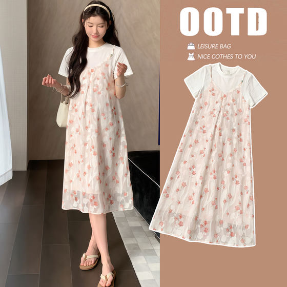 
Maternity wear, new summer dress, fashionable little person fake two-piece spliced chiffon, slim and belly-covering skirt