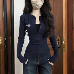 Right-Shoulder Button Pure Cotton Long-Sleeve T-Shirt for Women, Spring and Autumn Inner Wear, Short Base Shirt, American Style, Slim Fit, Flattering Top