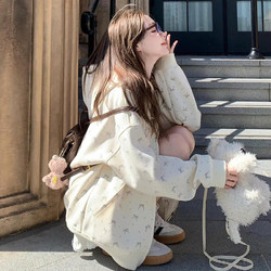 Floral Hooded Sweatshirt for Women, Spring and Autumn, Oversize Thin Jacket, Hong Kong Style Chic, Loose and Lazy Cardigan Top