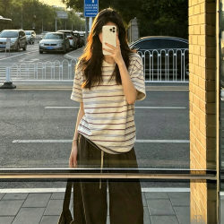 American Retro Style Striped Short-Sleeve T-Shirt for Women, Summer Design, Niche, Loose, Slimming, Casual Half-Sleeve Top