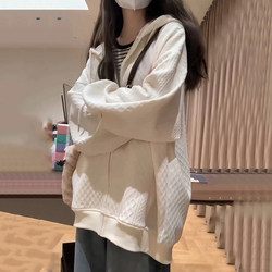 Waffle Knit Hooded Sweatshirt for Women, Spring and Autumn, Oversized, Solid Color, Thin Jacket, Korean Style, Trendy, Casual Cardigan Top