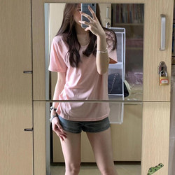 Right-Shoulder V-Neck Solid Color Short-Sleeve T-Shirt for Women, Summer Korean Style, Trendy, Loose, Slimming, Versatile Half-Sleeve Top, Simple Casual T-Shirt