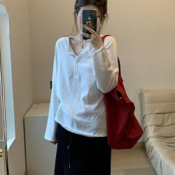 Design-Focused, Unique Half-Open Collar Long-Sleeve T-Shirt for Women, Suitable for Spring and Autumn, Solid Color Base Shirt, Loose Fit, Slimming, Versatile Top