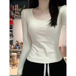 U-Neck Thermal Base Layer Top for Women, Autumn and Winter, Short Style, Slim Fit, Versatile, Brushed Fabric, Fleece-Lined, Warm T-Shirt