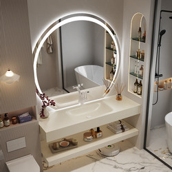 Light Luxury Cream-Style Double-Layer Rock Slab Hot-Bent Integrated Basin Bathroom Cabinet Combination Washbasin for Washing Face and Hands