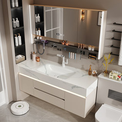 Light Luxury Cream-Style Sintered Stone Integrated Basin Bathroom Cabinet Set, Bathroom Vanity with Solid Wood Washbasin