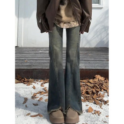 Retro Blue Raw Edge Bootcut Jeans for Women in Autumn and Winter Fleece-Lined Large Size Fat mm High Waist Slimming Look Hip-Covering Stretch Flared Pants
