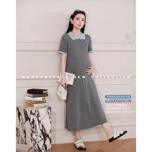 
Cat single [blue and gray aesthetic] maternity wear new summer lapel slim casual short-sleeved long ice silk dress