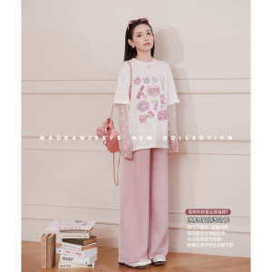 
Cat Singles [Pink Party] [Cotton] Maternity Clothes Summer New Arrivals Spliced Lace Sleeve Tops and Pants Suits