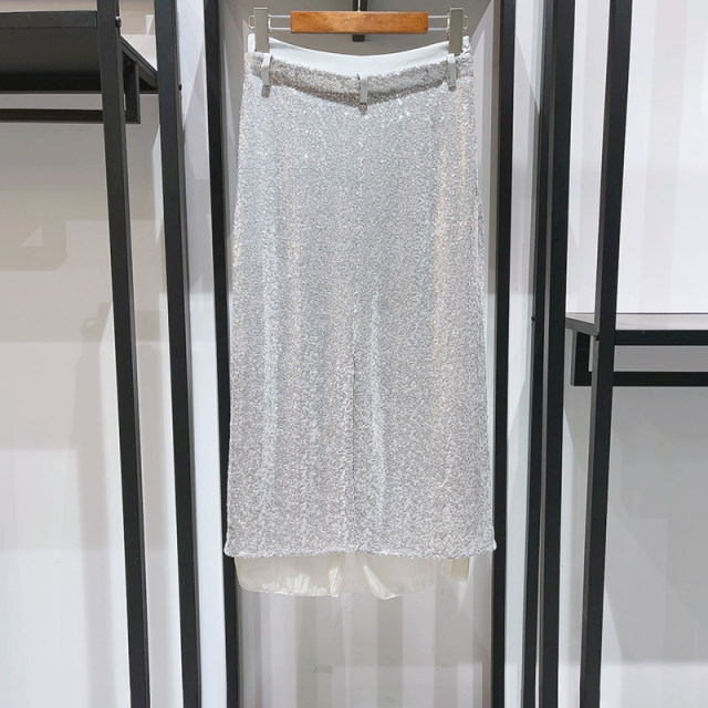 French niche 2023 Autumn and Winter Light Luxury Sequin Tulle Slit Skirt Mid-length Banquet Straight Skirt Skirt
