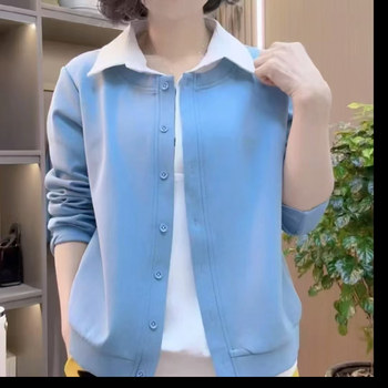 Fashionable mother dress long-sleeved fake two-piece coat for women 2025 spring and autumn new versatile casual solid color lapel cotton top
