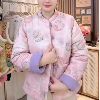 
Winter new style double-sided printed cotton-padded jacket, new Chinese-style retro cotton-padded jacket, women's short plate buckle thickened cotton-padded jacket