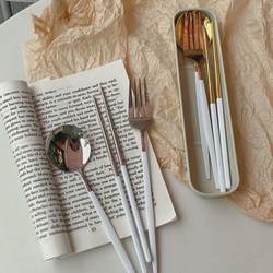 Portable Stainless Steel Chopsticks, Spoon, and Fork Set, One Person One Chopstick, Student Single-Person Three-Piece Cutlery Set with Storage Box