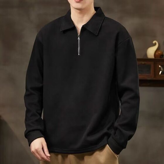 
Lapel sweatshirt for men in spring and autumn trendy loose versatile polo shirt long sleeve T-shirt semi-zipper solid color top