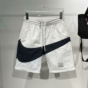 Summer ice silk patchwork contrasting Japanese shorts, men's loose casual sports cropped shorts, straight leg trendy beach pants