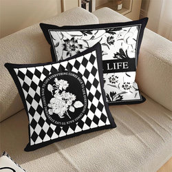 ins Modern Light Luxury Modern Black and White Simple Velvet Throw Pillow Sofa Living Room Guesthouse Lumbar Pillowcase Cushion Pillow