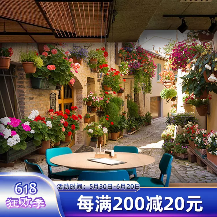 欧式花店装修壁纸拍照3d立体装饰欧洲小镇街景清吧奶茶