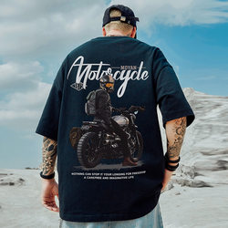 Motorcycle Trendy Brand Loose T-Shirt for Plus-Size Men, Short-Sleeved, Oversized, Five-Quarter Sleeves, Hip-Hop, Chinese Style, Large Size Men's Clothing for Summer