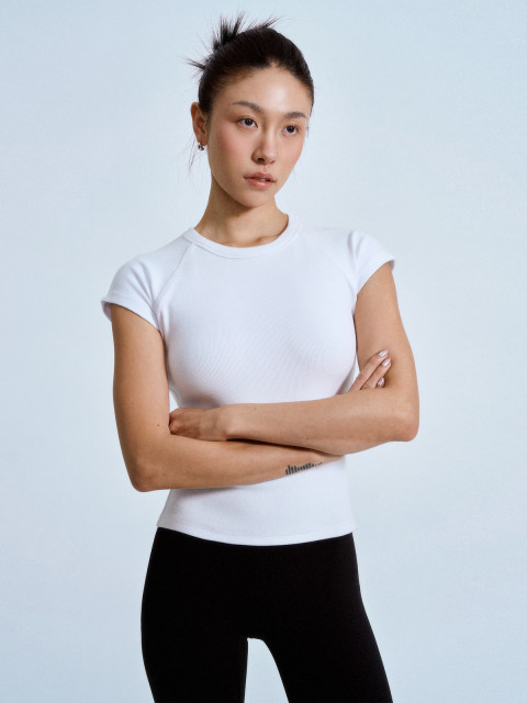 aolol layered artifact round neck high crocodile heavy cotton T-shirt for women with hidden flesh and slim shoulder short sleeve slim base top
