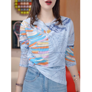 
Fashionable contrasting color mesh T-shirt for women, long-sleeved spring and autumn new design, printed slim-fitting top, fashionable and versatile shirt