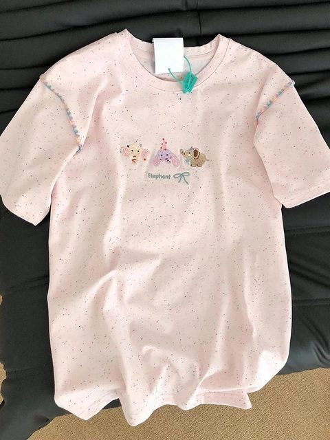 New summer animal embroidery design round neck versatile slim short-sleeved women loose niche short-sleeved top for women summer
