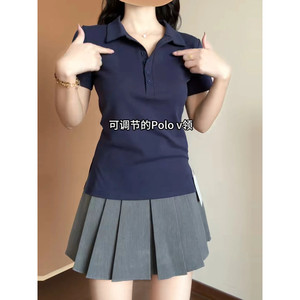 
Large size fat girl casual button polo neck short-sleeved T-shirt for women in summer slim and slim design shoulder top