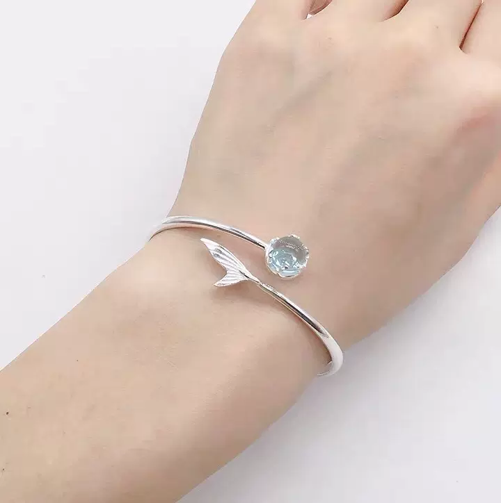 正生足银990 新款开口人鱼泪手镯气质时尚百搭银饰送