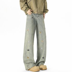 
Wukong has in stock trendy brand American puppy embroidered washed straight jeans for men and women, retro loose wide-leg floor mopping pants.