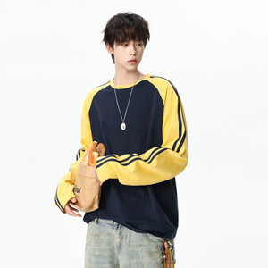 
Wukong is in stock, retro contrasting color splicing raglan sleeves, round neck, long-sleeved T-shirts for men, loose and versatile tops for couples in autumn.