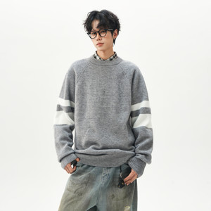 Wukong is in stock, street retro contrasting color splicing round neck sweater for men, trendy brand loose couple casual all-match sweater