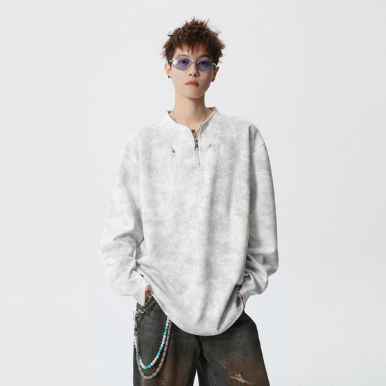 
Wukong is in stock American trendy brand tie-dye half-zip pullover long-sleeved T-shirt for men in spring loose and versatile tops for couples