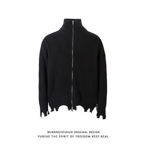 Wukong has goods European and American high street destruction shaved turtleneck cardigan sweater men and women fashion brand loose couple knitted jacket
