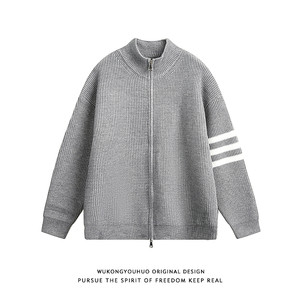
Wukong is in stock for autumn and winter retro sleeves striped half turtleneck sweaters for men and women trendy brand loose zipper cardigan sweaters