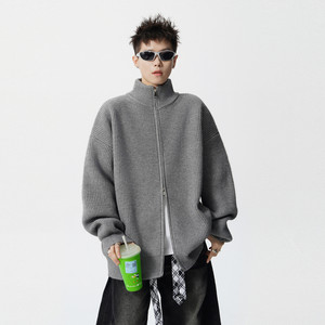 
Wukong has in stock trendy brand American retro heavyweight cardigan stand-up collar sweater for men autumn loose couple sweater jacket