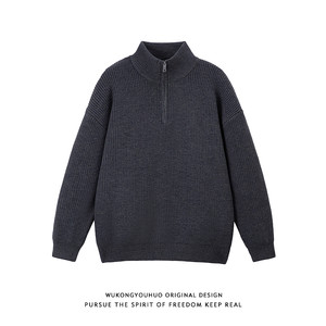 
Wukong has goods for autumn and winter retro basic solid color semi-zipper collar sweater for men's trendy brand loose casual pullover knitted sweater