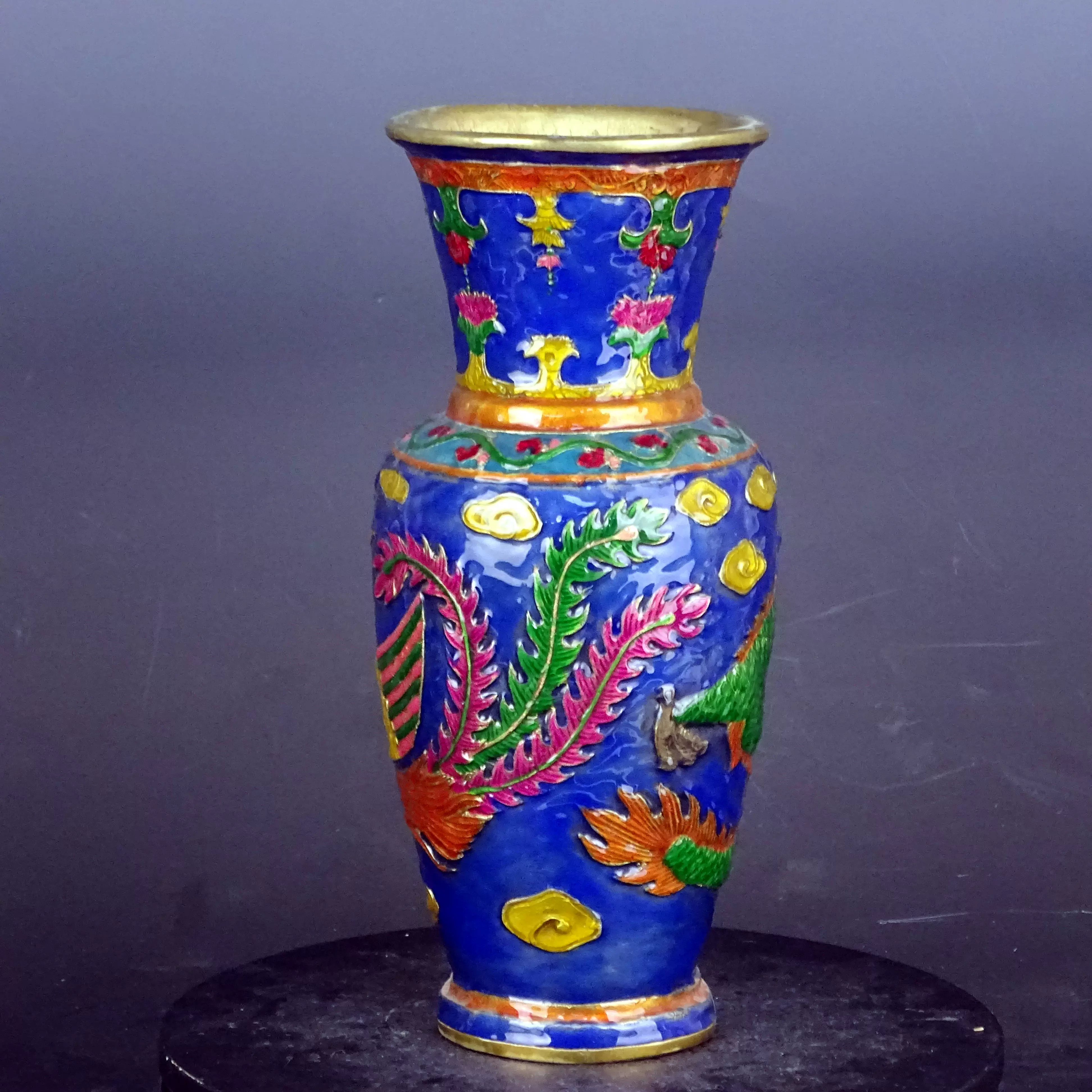 清乾隆景泰蓝纯铜掐丝珐琅彩龙凤纹观音瓶手工老货