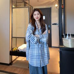 Korean Style Lazy Style Blue Plaid Long-Sleeved Shirt for Women Spring 2026 New Loose Sun Protection Shirt Casual Top